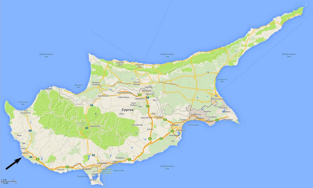 mapa de Chipre mostrando aeroportos